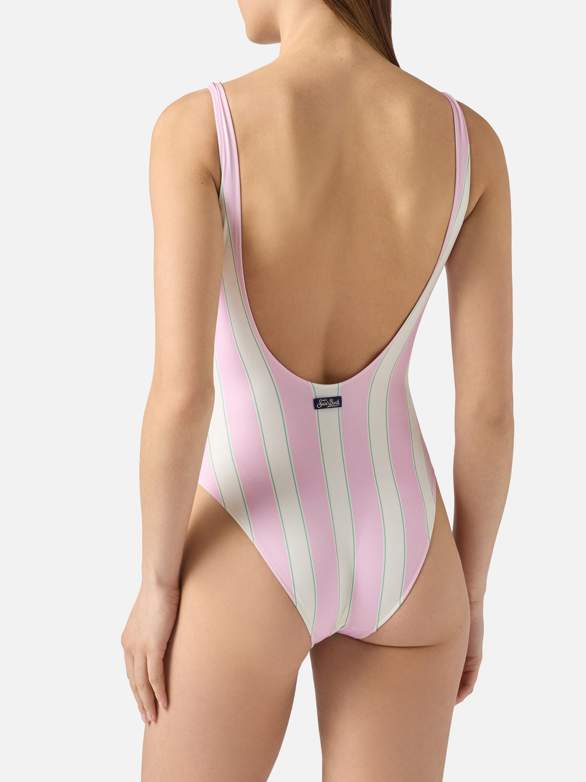 Lora One-Piece Swimsuit Pink And Cream Striped Design With Beach Club Print One Piece