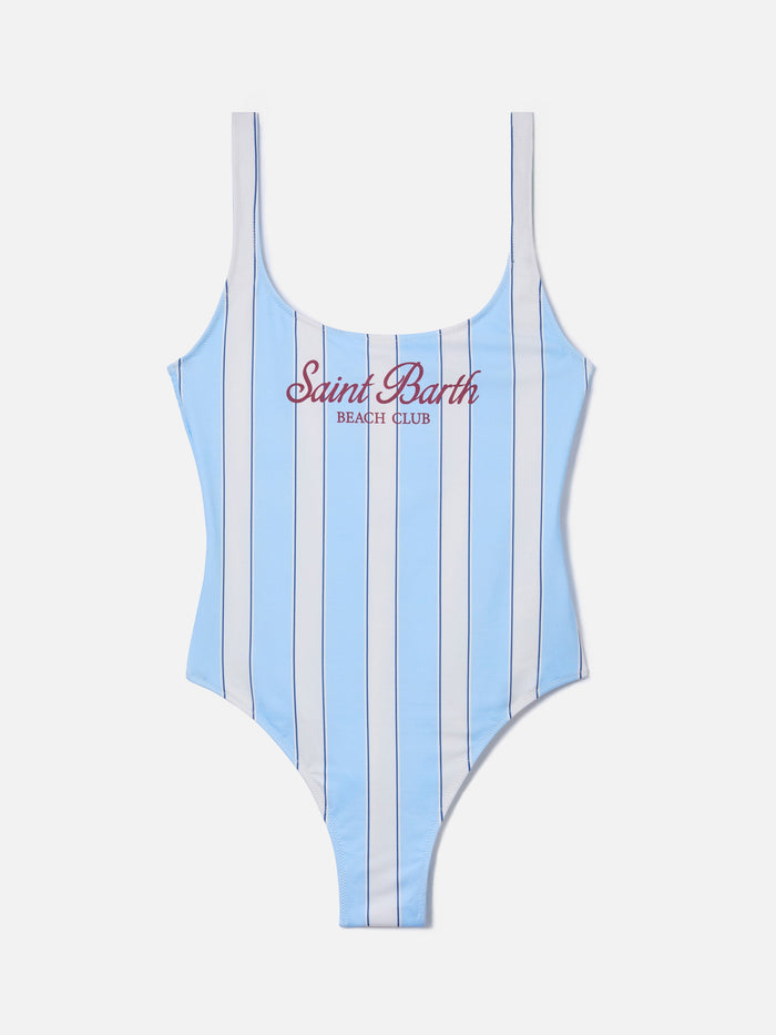 Lora One-Piece Swimsuit Light Blue And Cream Striped Design With Beach Club Print Sky One Piece