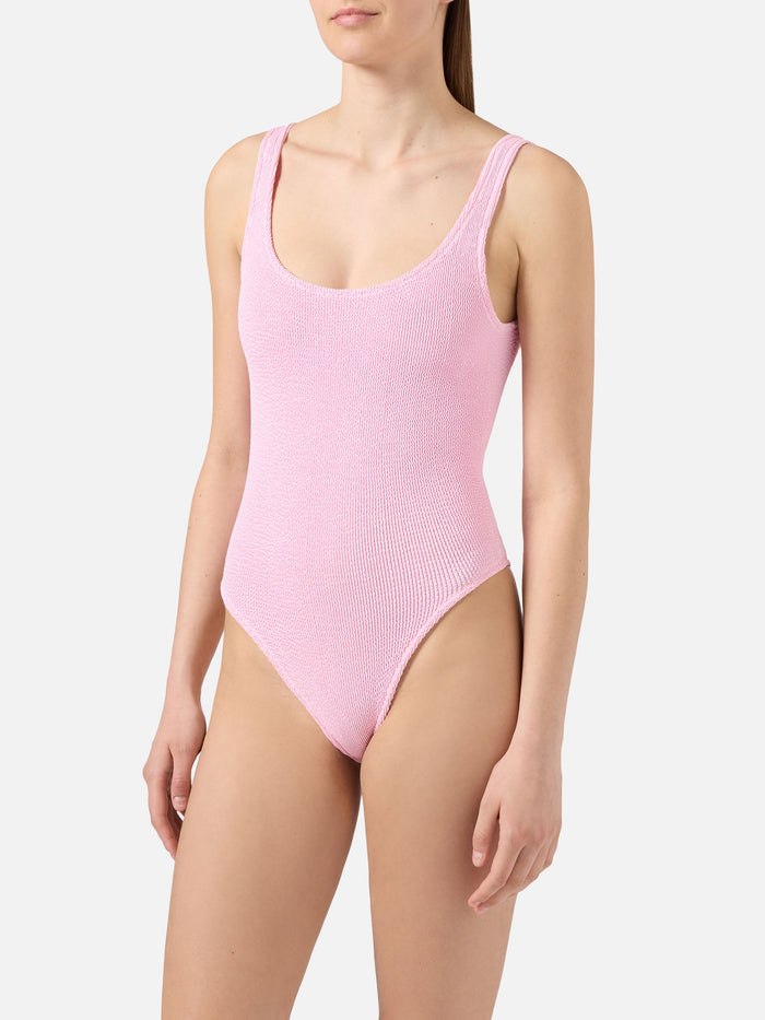 Lora One-Piece Swimsuit Pink Solid Crinkle Fabric One Piece
