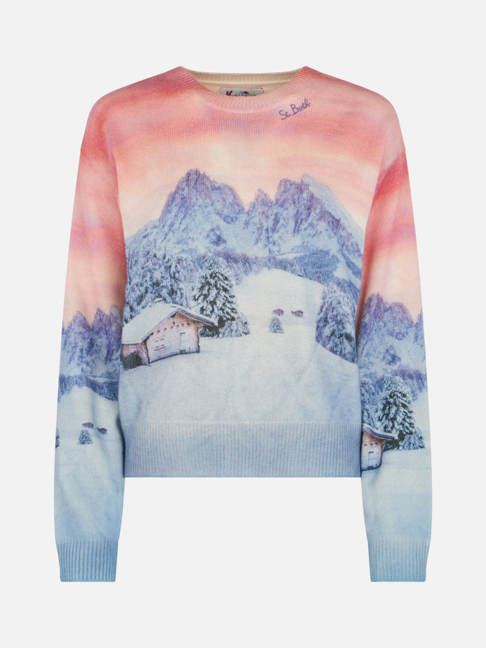 Louise Cashmere Blend Sweater With Chalet Sunset Print Pink