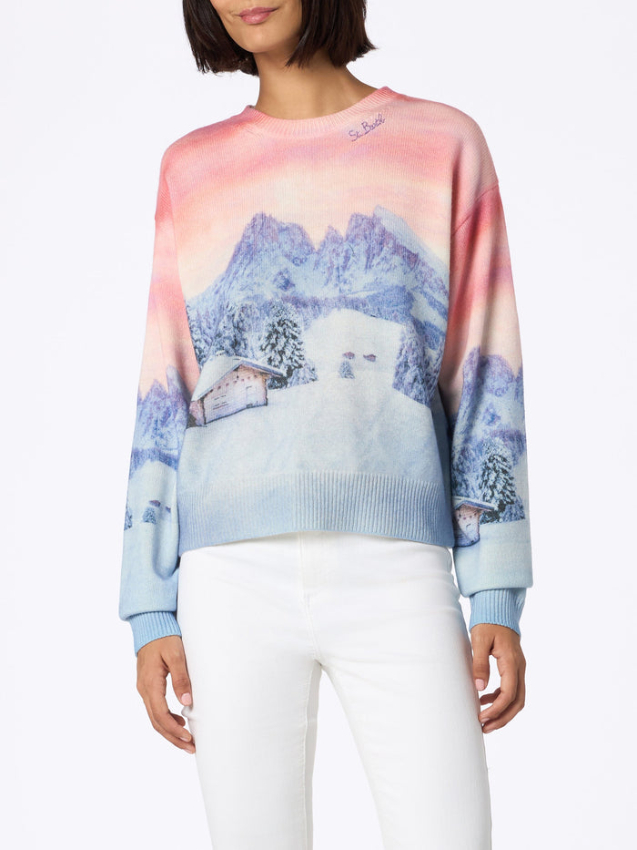 Louise Cashmere Blend Sweater With Chalet Sunset Print Pink