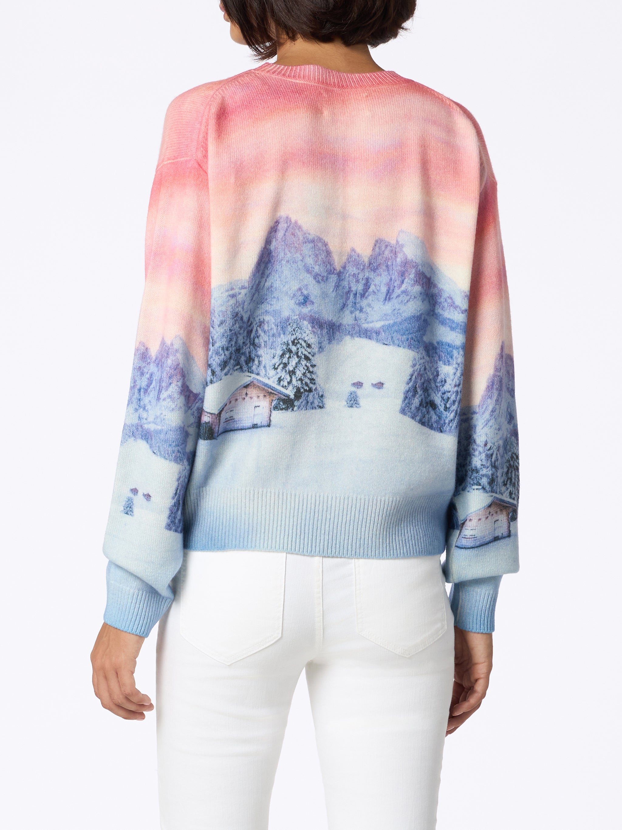 Louise Cashmere Blend Sweater With Chalet Sunset Print Pink