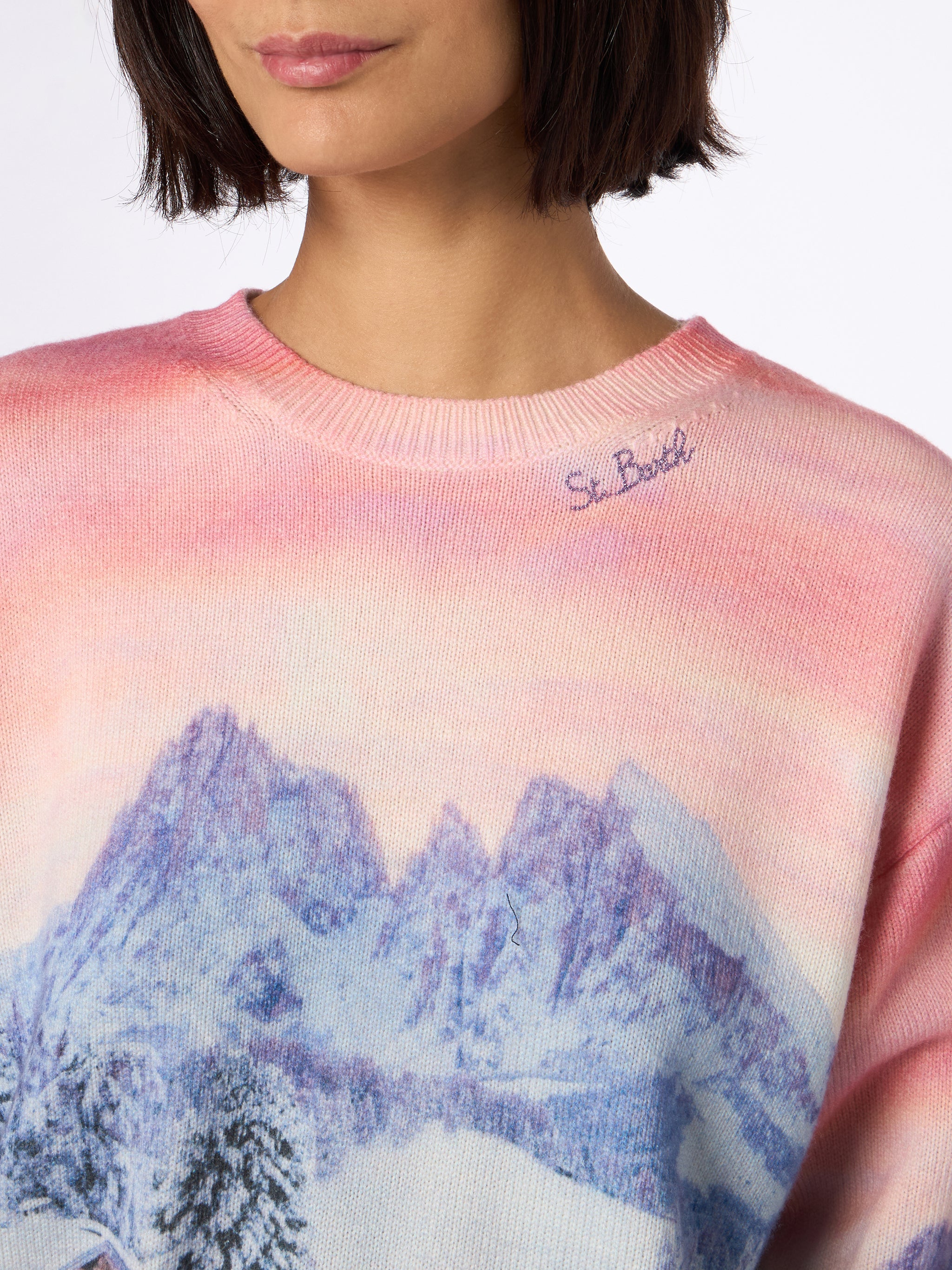 Louise Cashmere Blend Sweater With Chalet Sunset Print Pink