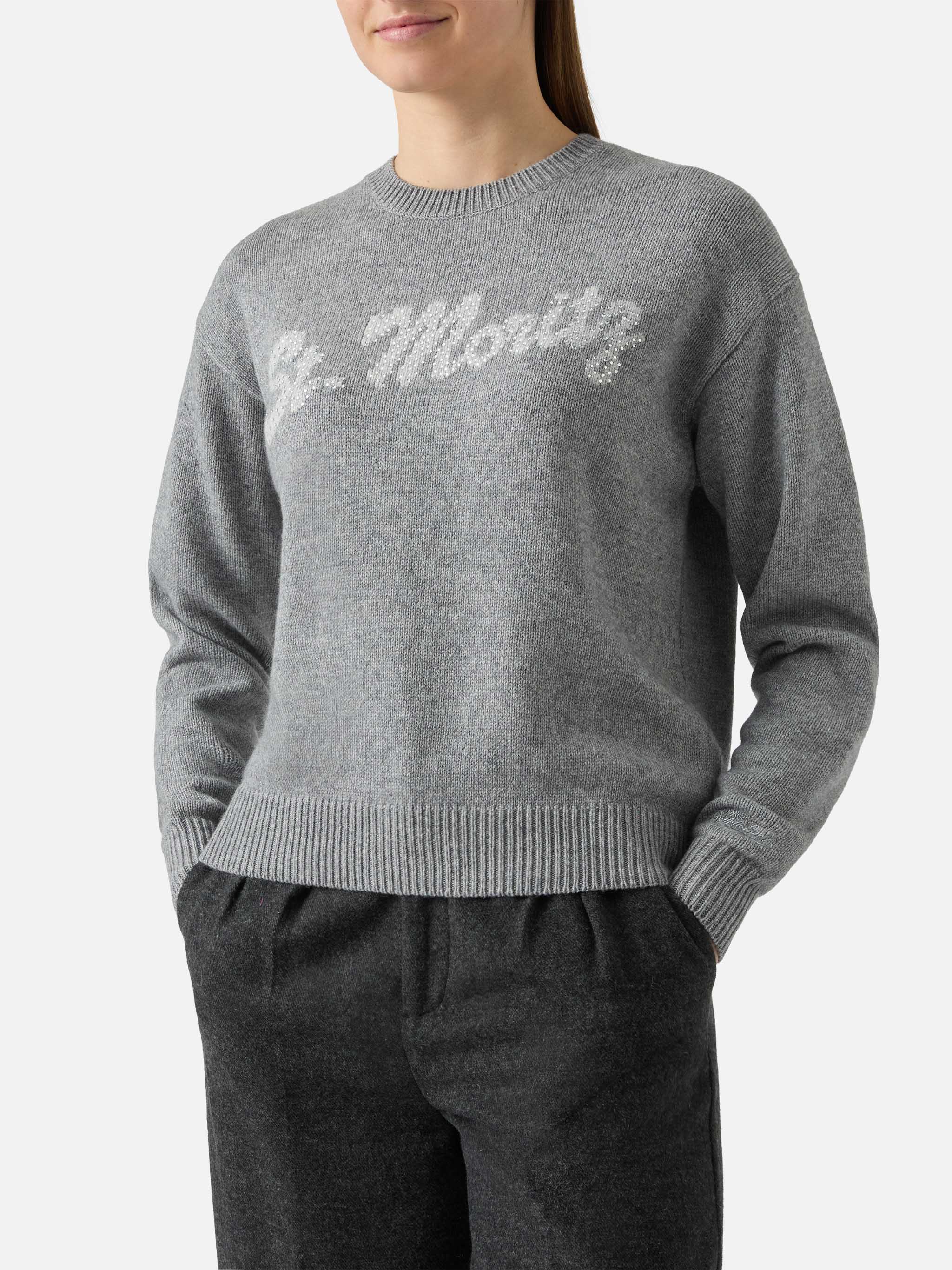 Grey Crewneck Louise With St. Moritz Rhinestones Embellishment | Top Of The World Special Edition