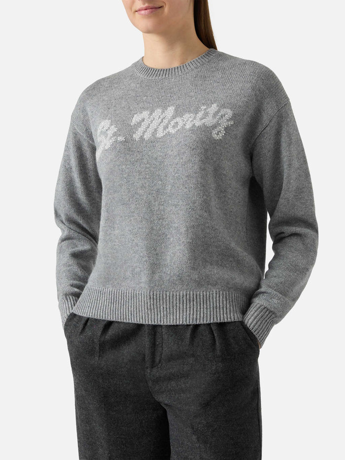 Grey Crewneck Louise With St. Moritz Rhinestones Embellishment | Top Of The World Special Edition