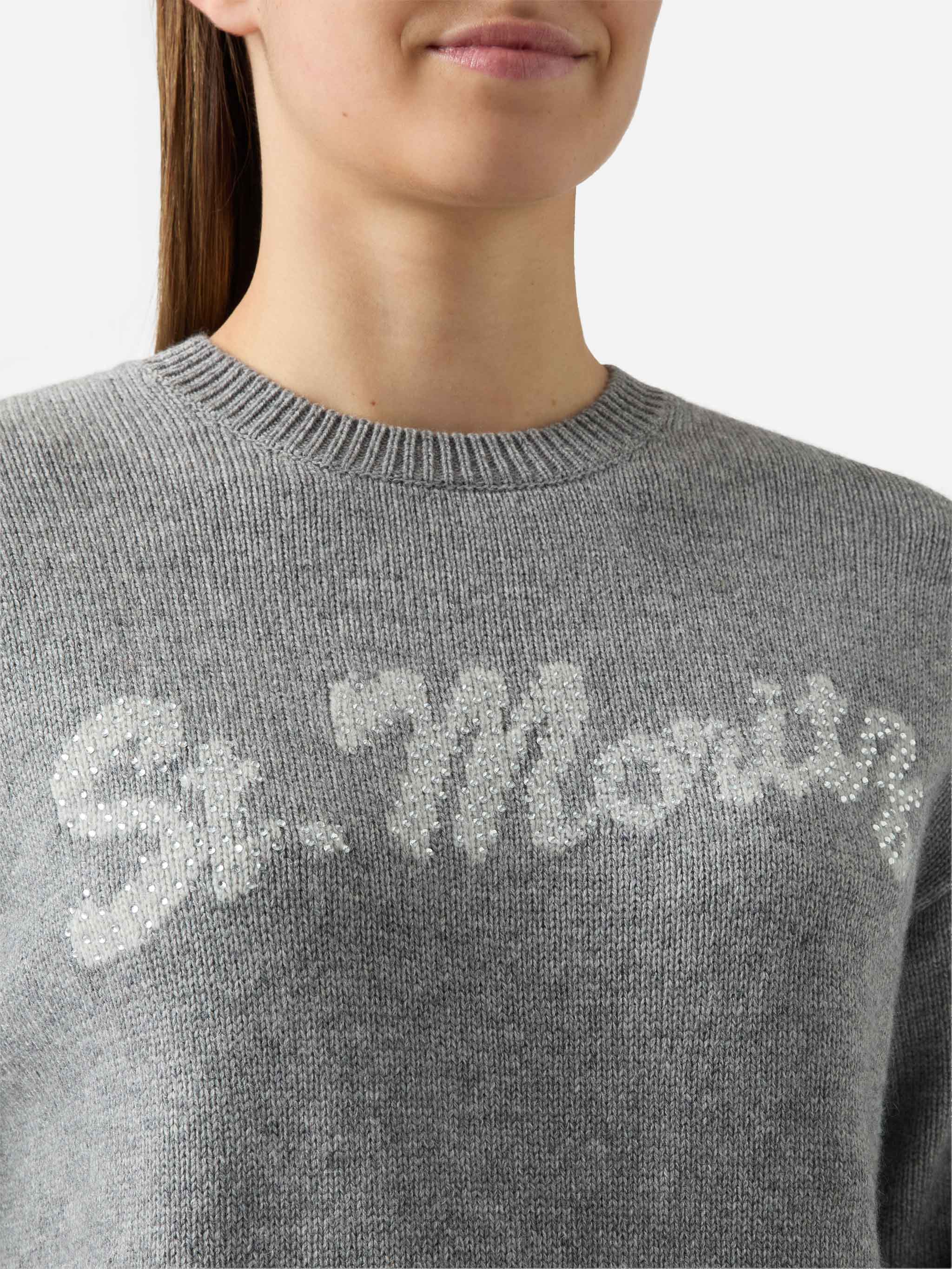Grey Crewneck Louise With St. Moritz Rhinestones Embellishment | Top Of The World Special Edition