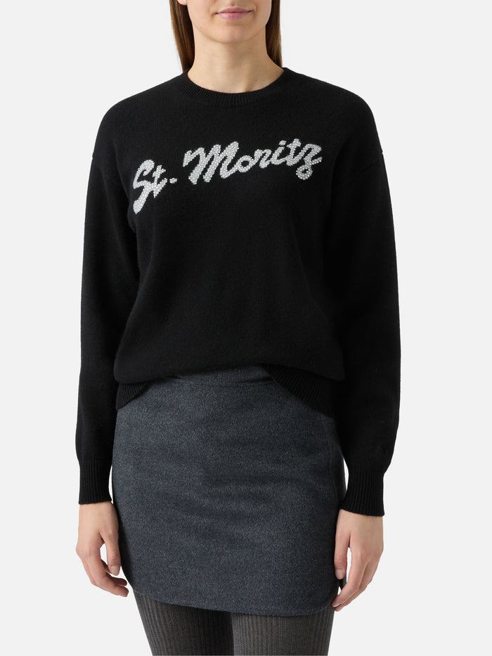 Louise Cashmere Sweater Black With St. Moritz Rhinestone Appliqué