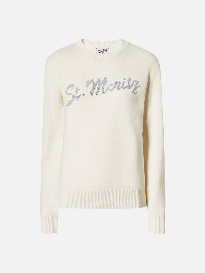 Louise Cashmere Sweater White With St. Moritz Rhinestone Appliqué Black