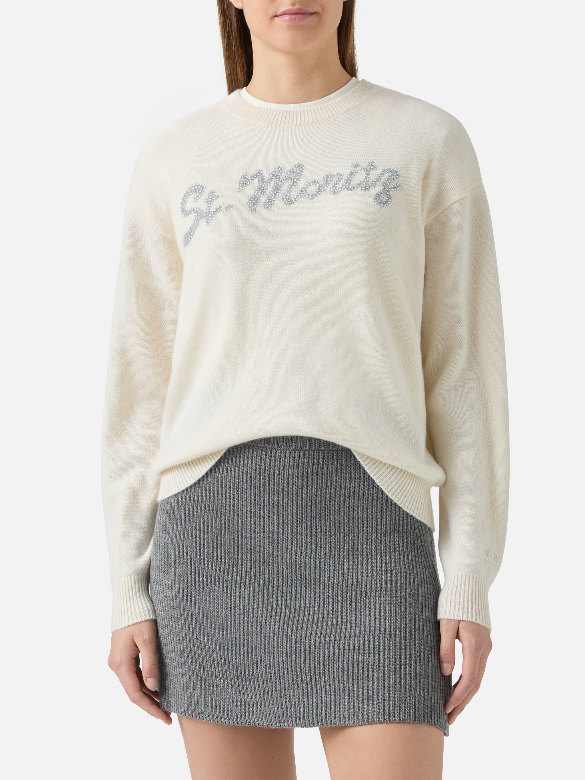 Louise Cashmere Sweater White With St. Moritz Rhinestone Appliqué Black