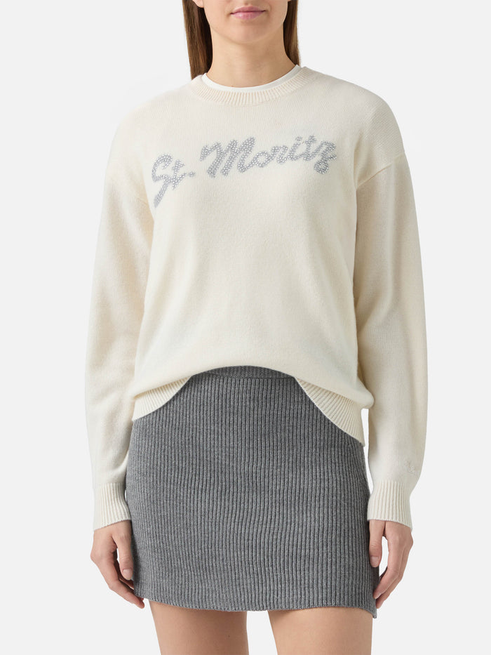 Louise Cashmere Sweater White With St. Moritz Rhinestone Appliqué Black