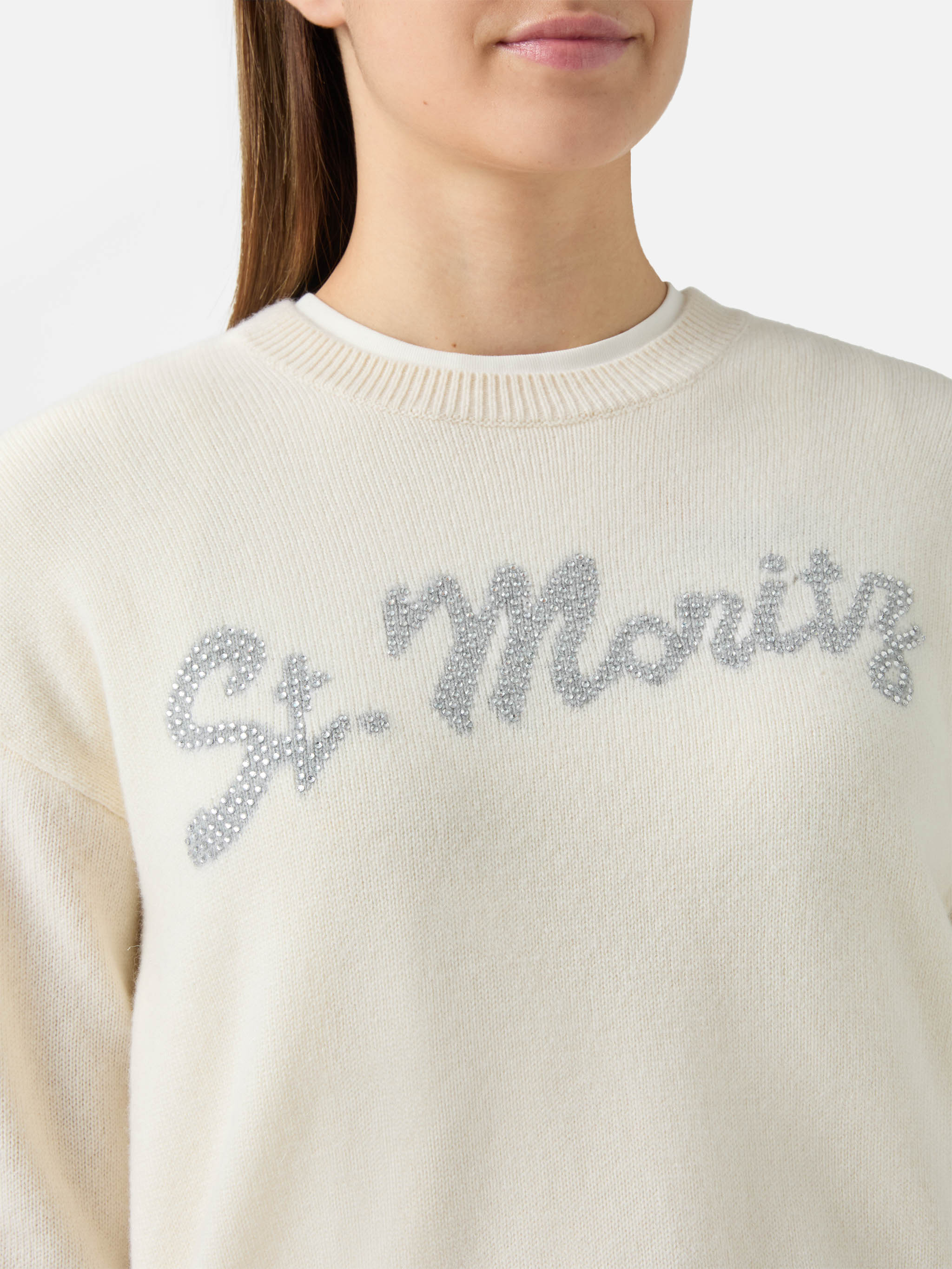 Louise Cashmere Sweater White With St. Moritz Rhinestone Appliqué Black