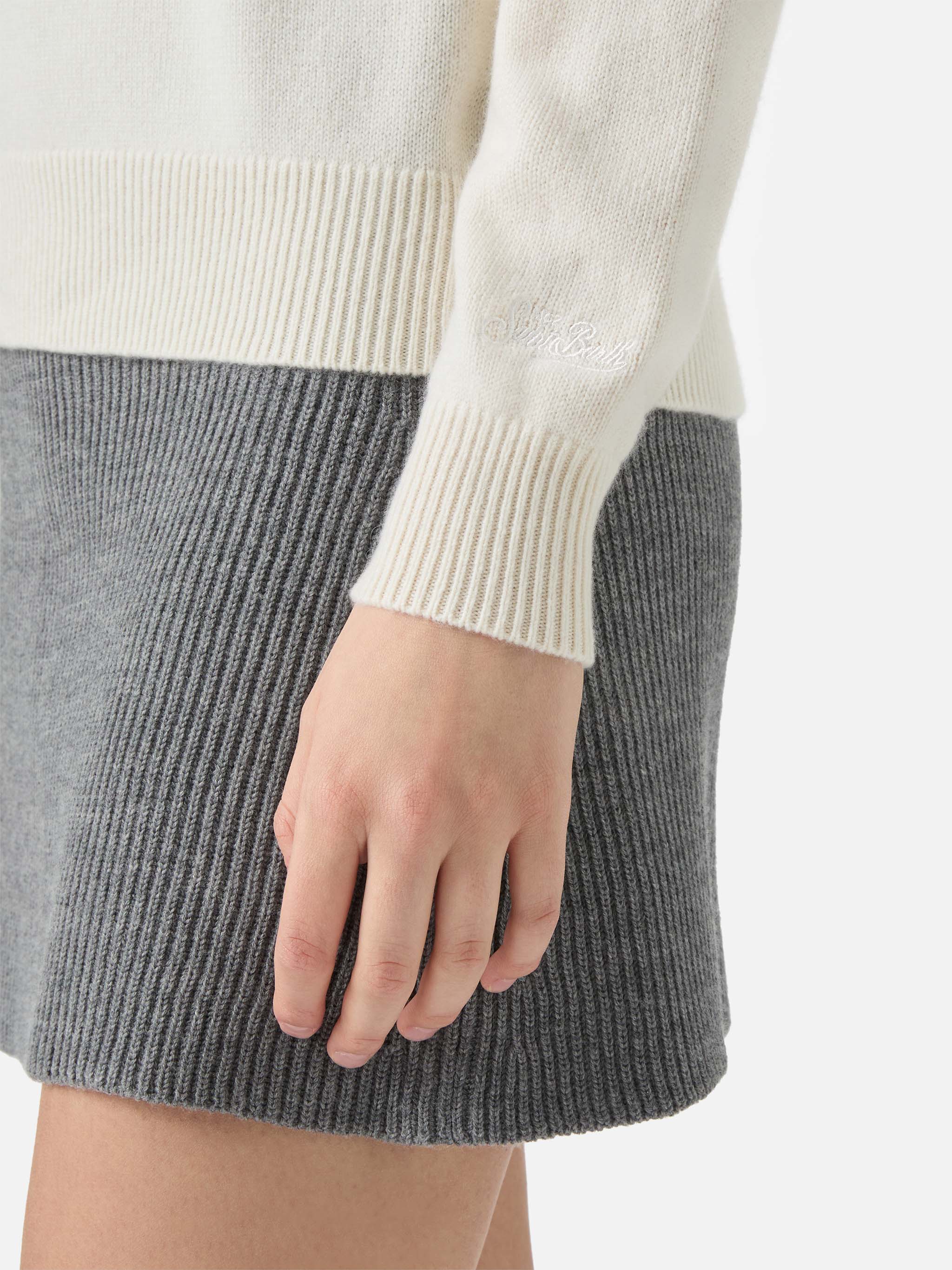 Louise Cashmere Sweater White With St. Moritz Rhinestone Appliqué Black
