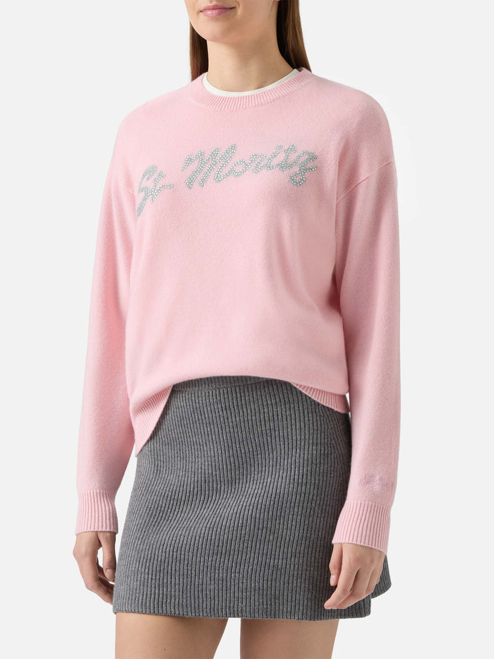 Louise Cashmere Sweater Pink With St. Moritz Rhinestone Appliqué