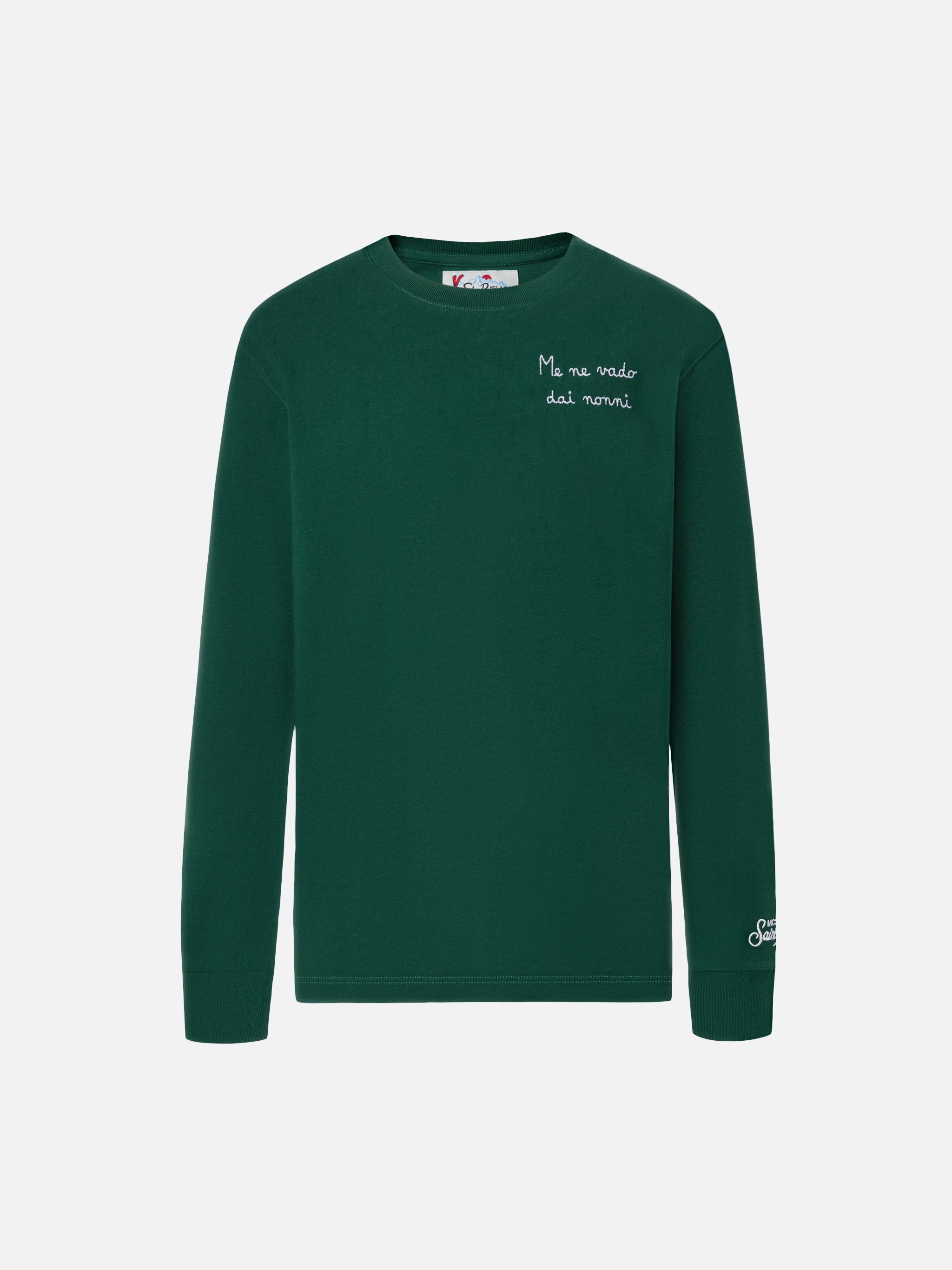 Luton Long-Sleeve Cotton T-Shirt Green With Me Ne Vado Dai Nonni Embroidery