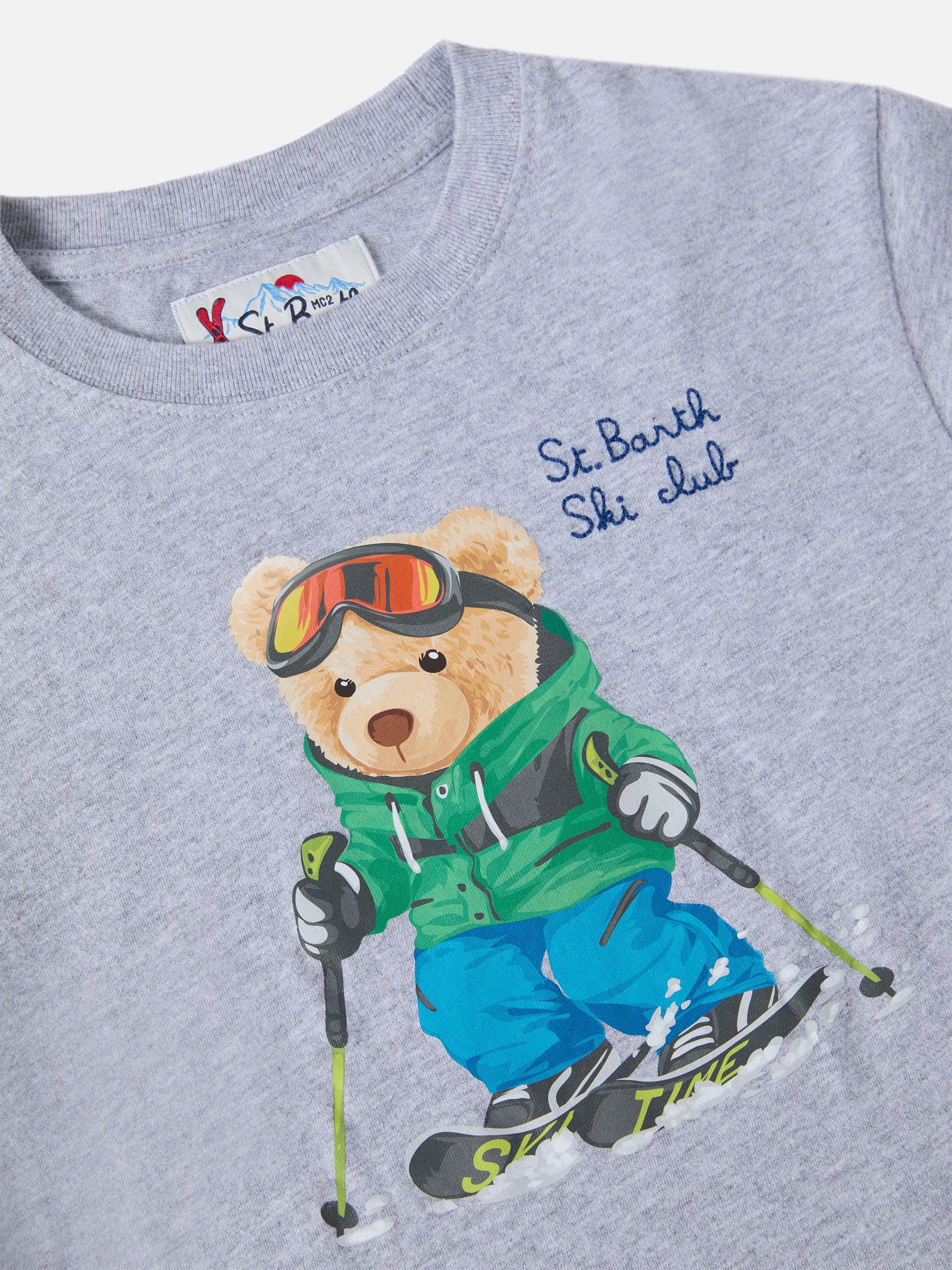 Luton Long-Sleeve Winter Cotton T-Shirt Grey With St. Barth Ski Club Embroidery And Bear Print