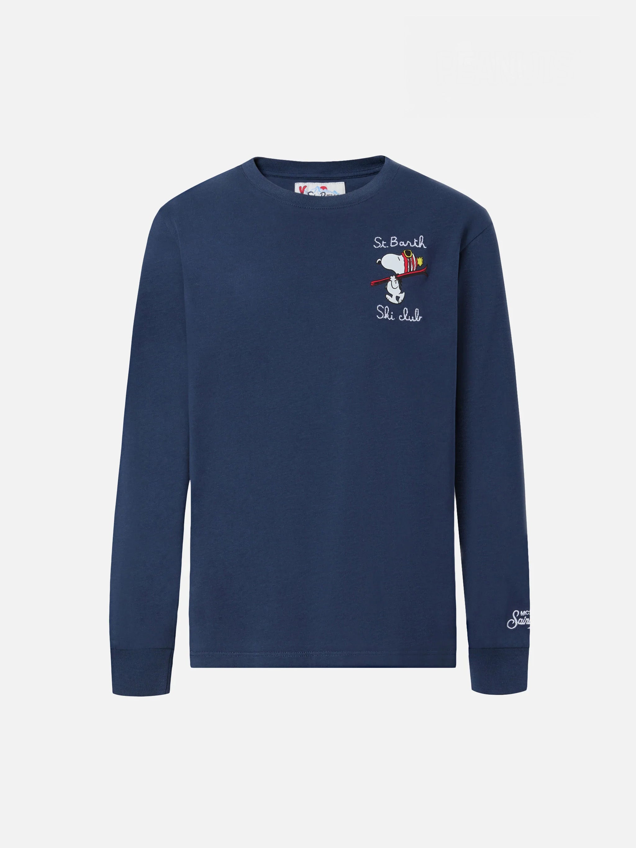Luton Long-Sleeve Winter Cotton T-Shirt Blue With St. Barth Ski Club Embroidery And Snoopy Print | Special Edition