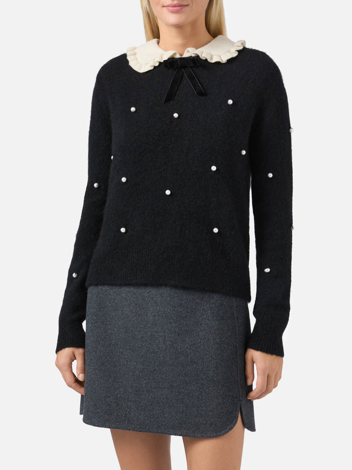 Black Sweater Levine With Bow, Collar And Pearl Embellishment