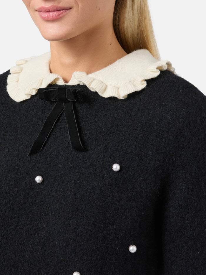 Black Sweater Levine With Bow, Collar And Pearl Embellishment