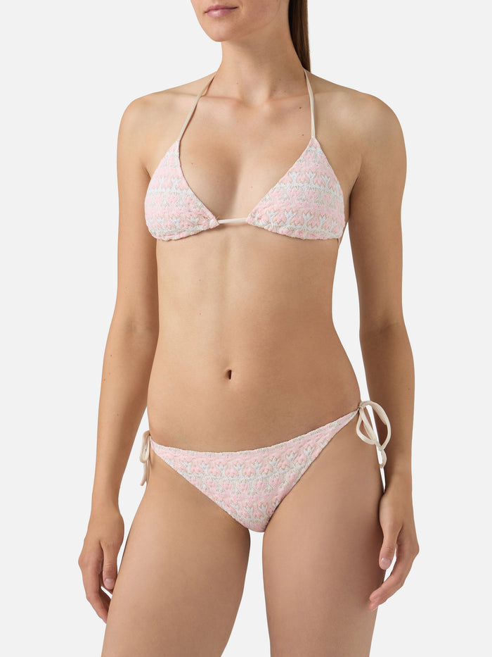 Bikini Levyne Triangle Raschel Fabric With Pink And Cream Floral Print