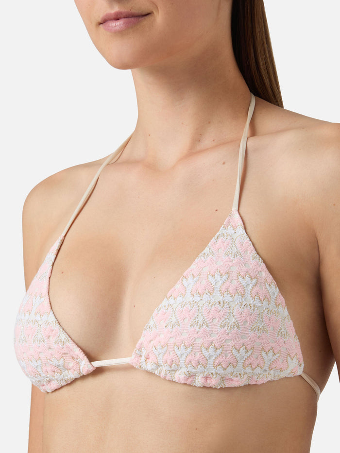 Bikini Levyne Triangle Raschel Fabric With Pink And Cream Floral Print