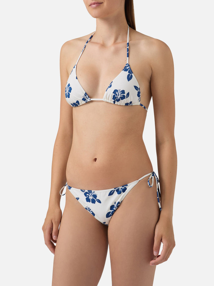 Bikini Levyne Triangle Stretch Fabric With Blue Hibiscus Print White