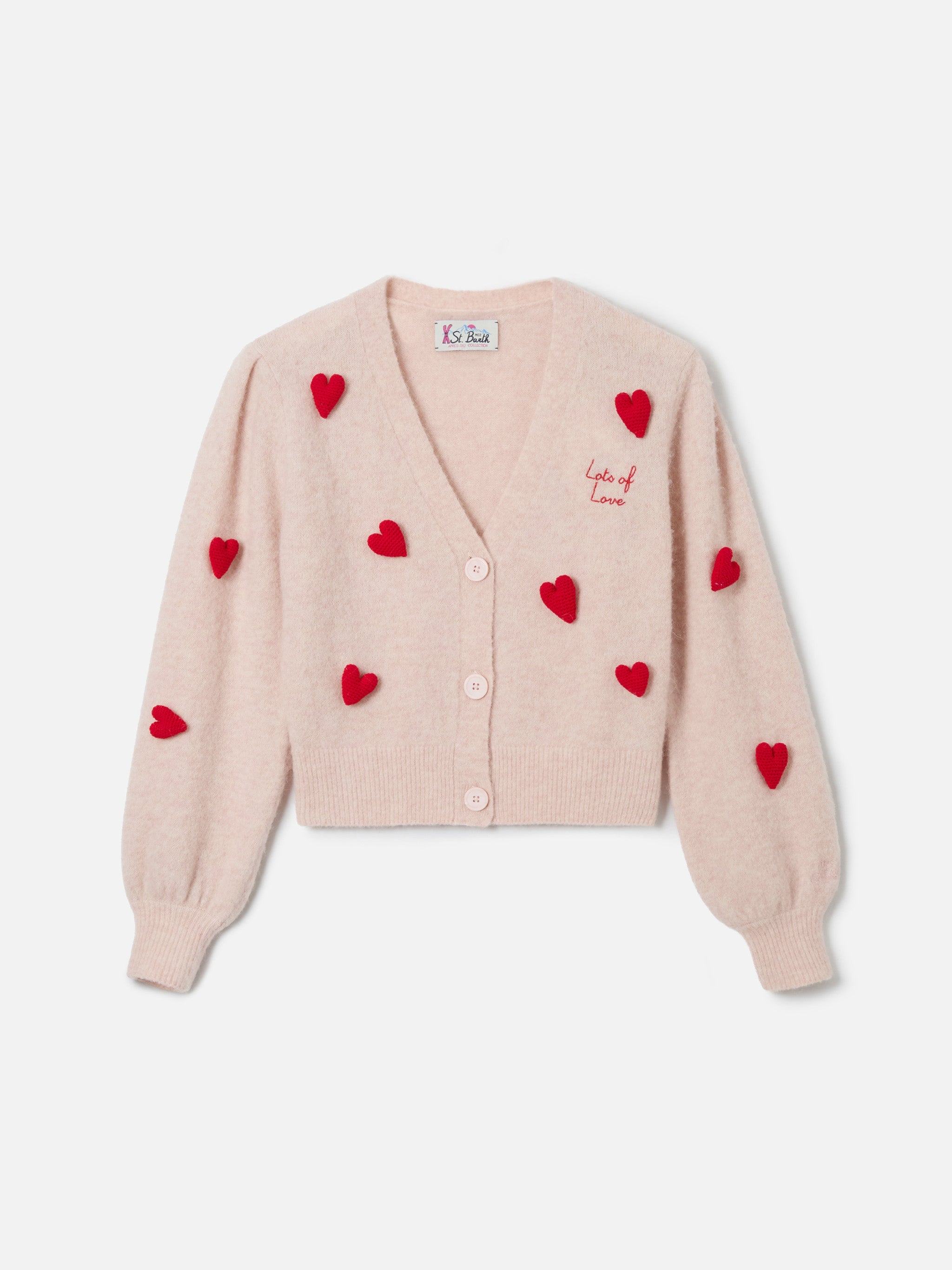 Lyza Soft Cropped Cardigan With Crochet Heart Patches Pink