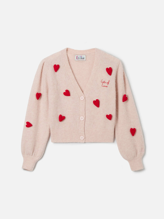 Lyza Soft Cropped Cardigan With Crochet Heart Patches Pink