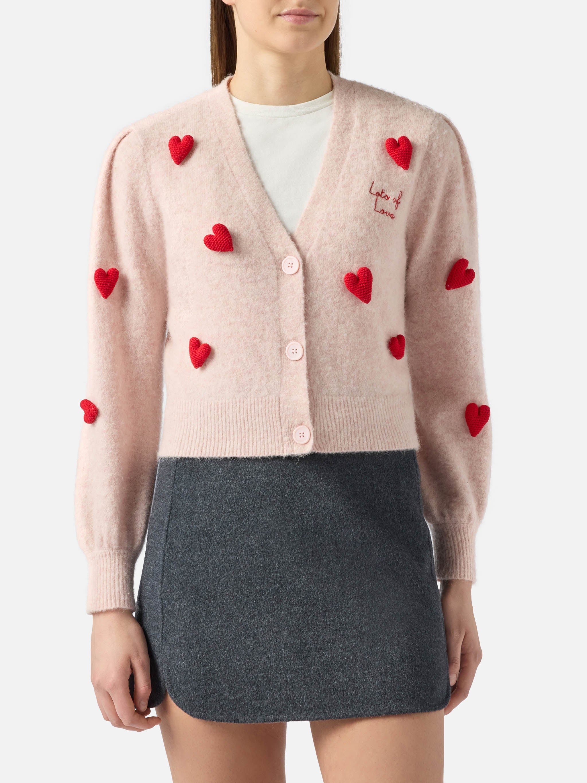 Lyza Soft Cropped Cardigan With Crochet Heart Patches Pink