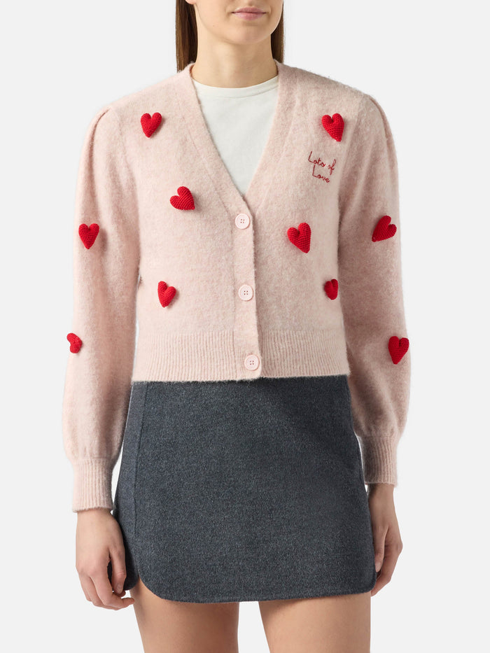 Lyza Soft Cropped Cardigan With Crochet Heart Patches Pink