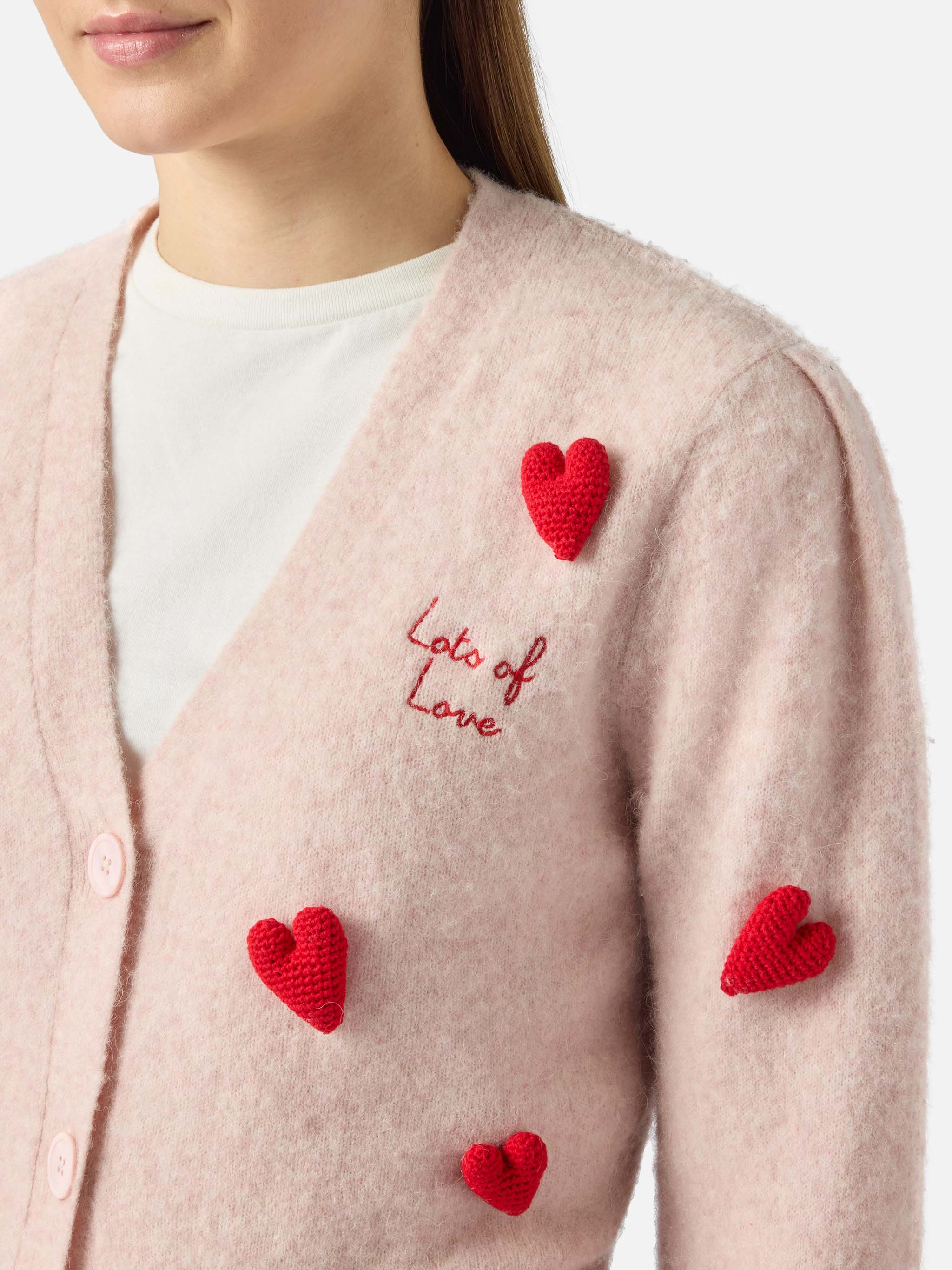 Lyza Soft Cropped Cardigan With Crochet Heart Patches Pink