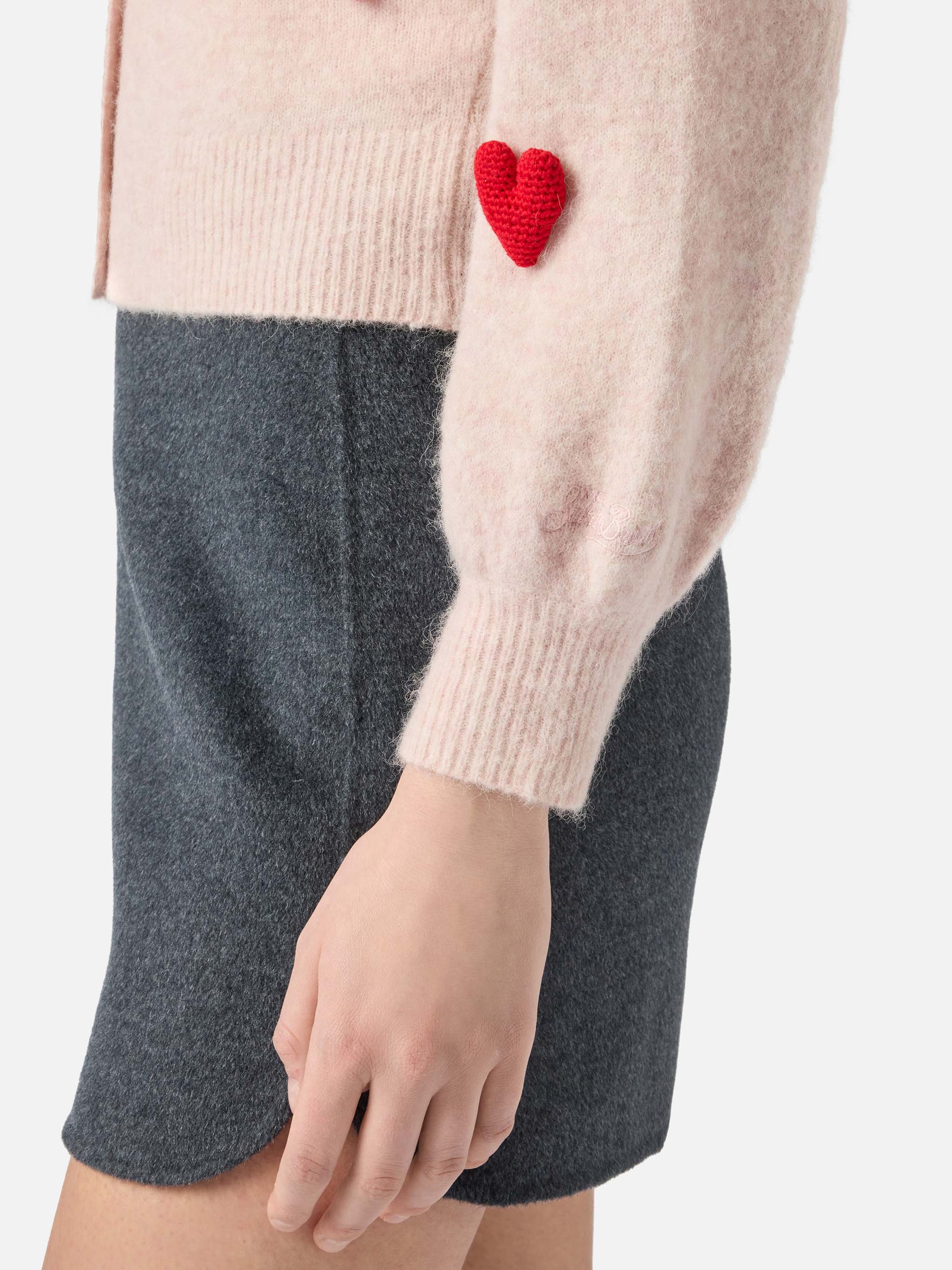 Lyza Soft Cropped Cardigan With Crochet Heart Patches Pink