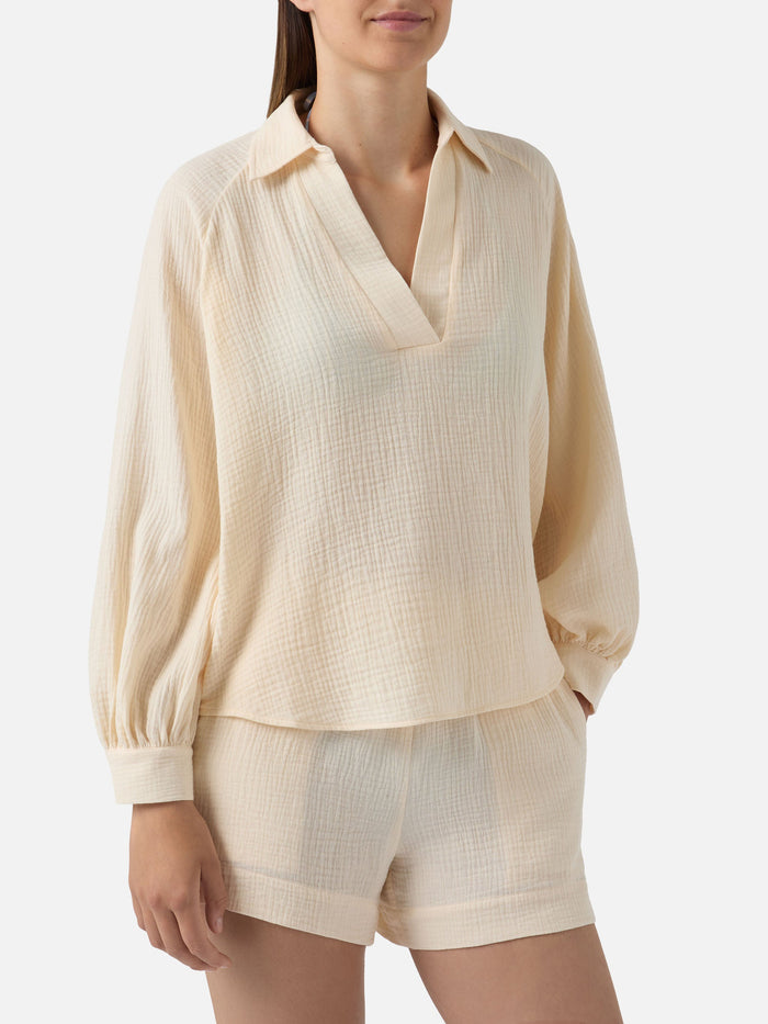 Beige Cotton Muslin Maira Blouse White Shirt