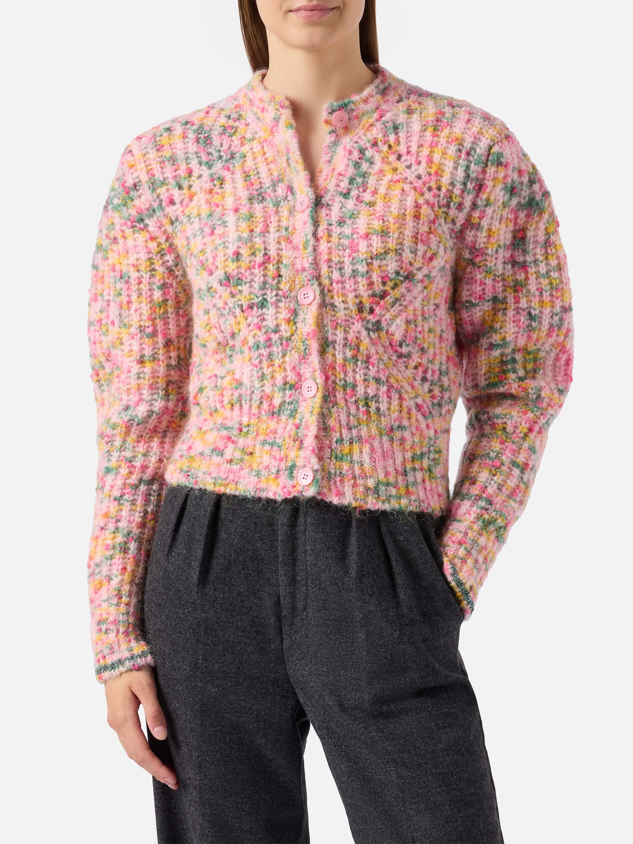 Mabelle Multicolor Mouliné Yarn Cardigan Pink