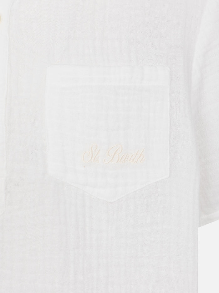White Cotton Gauze Polo Shirt Madeira