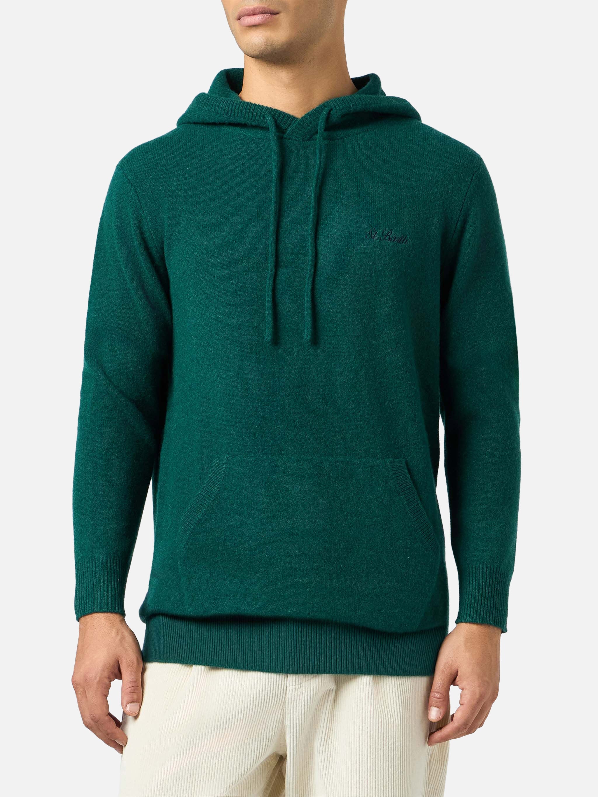 Man British Green Lambswool Hooded Sweater Mahony Apple