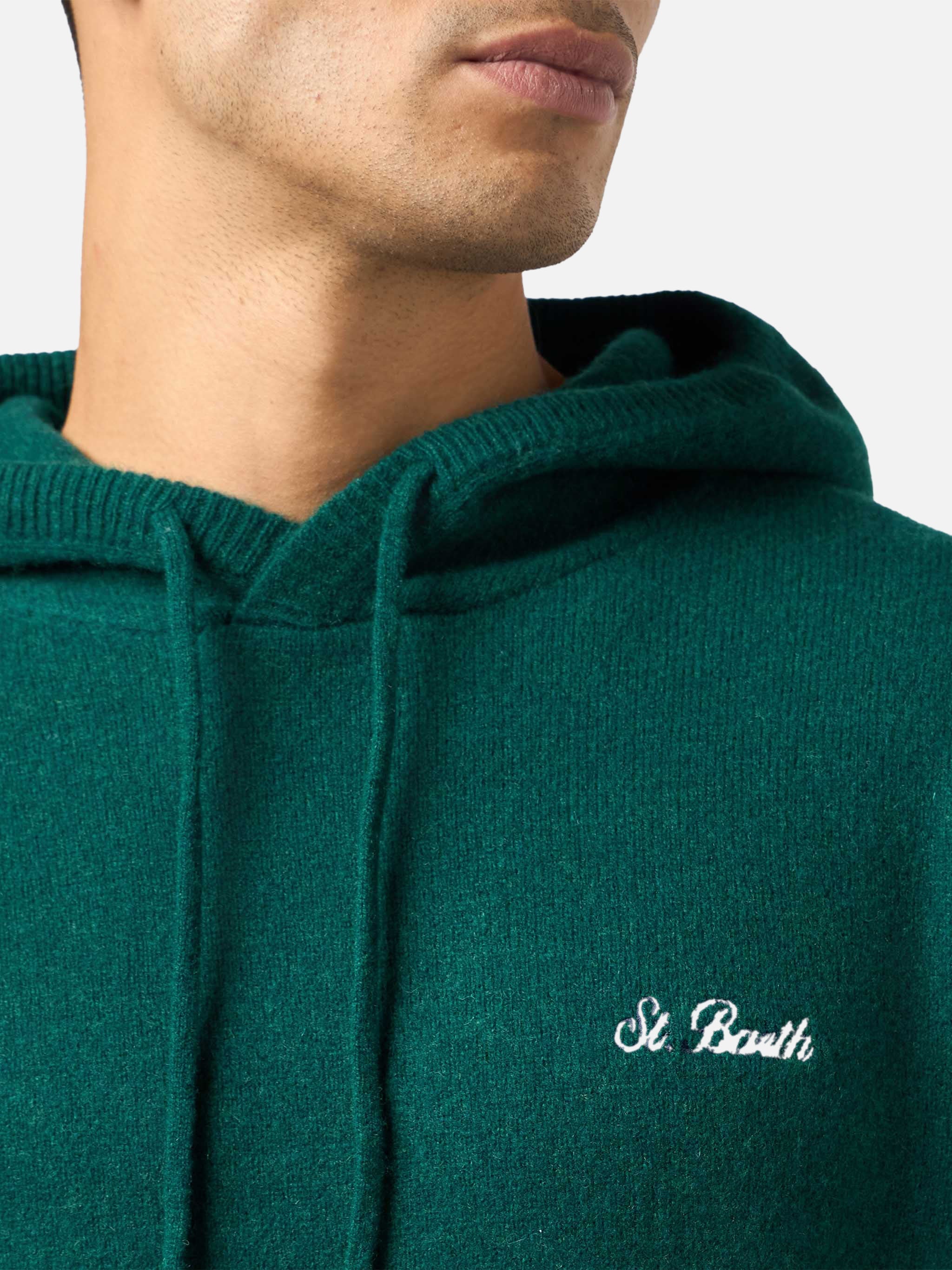 Man British Green Lambswool Hooded Sweater Mahony Apple