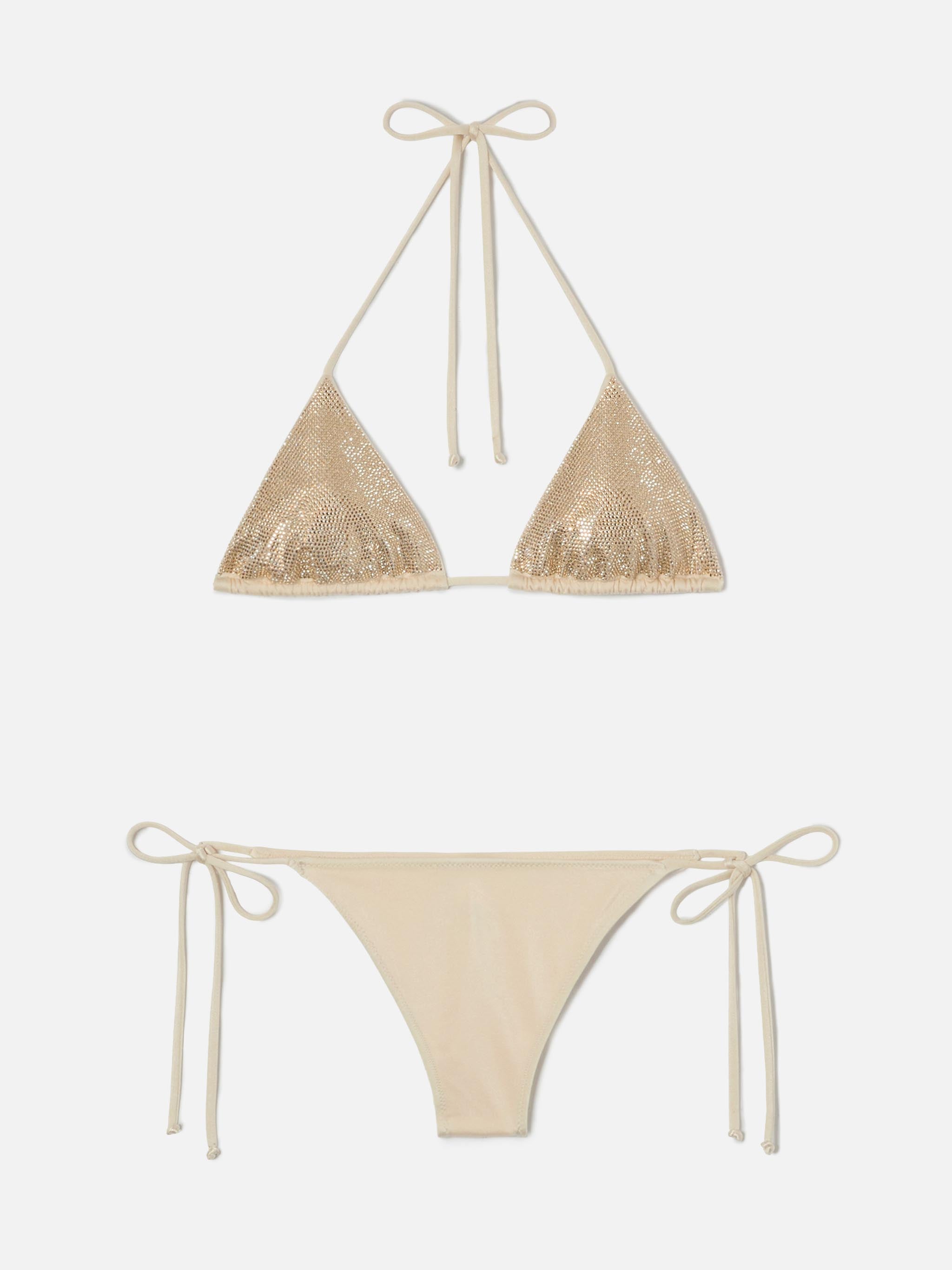 Bikini Maleah Triangle Gold Glossy-Finish Fabric With Rhinestone Embellishments White