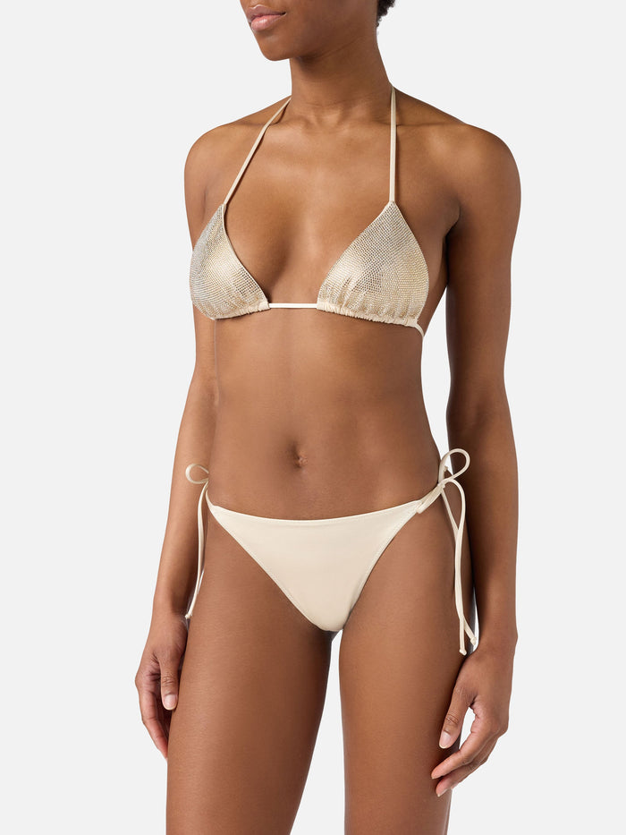 Bikini Maleah Triangle Gold Glossy-Finish Fabric With Rhinestone Embellishments White