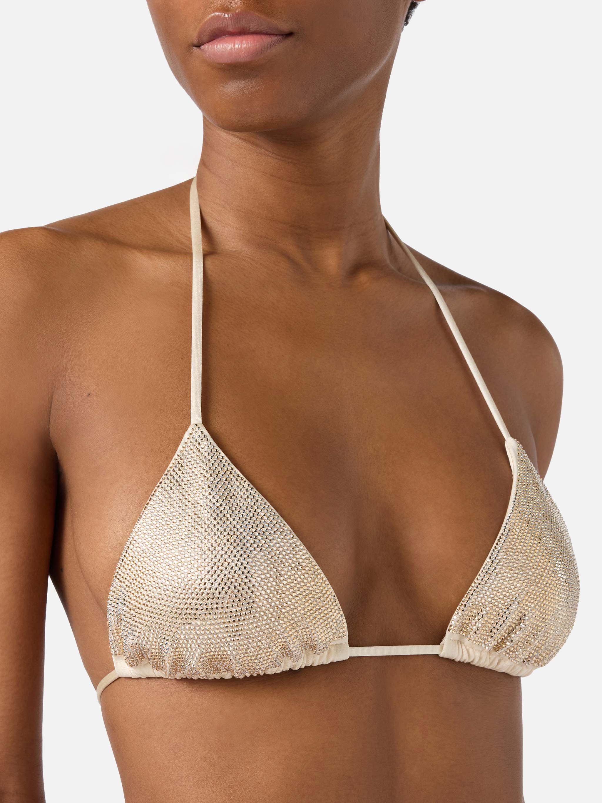 Bikini Maleah Triangle Gold Glossy-Finish Fabric With Rhinestone Embellishments White