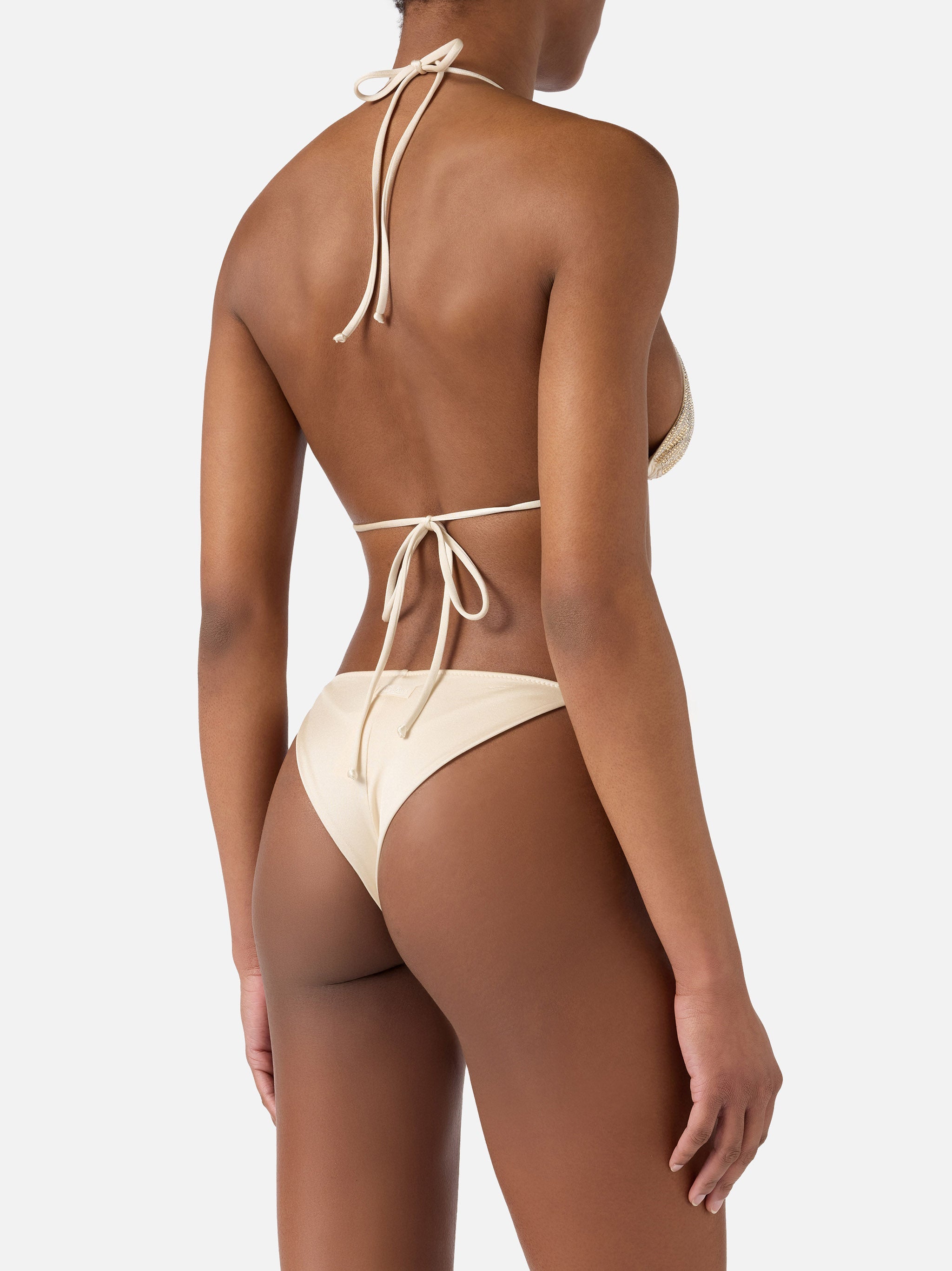 Bikini Maleah Triangle Gold Glossy-Finish Fabric With Rhinestone Embellishments White