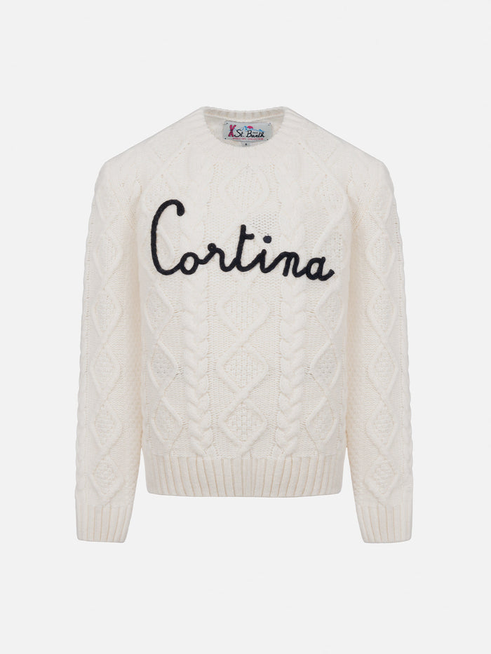 Girl Cable Knit Sweater Malmo With Cortina Embroidery White
