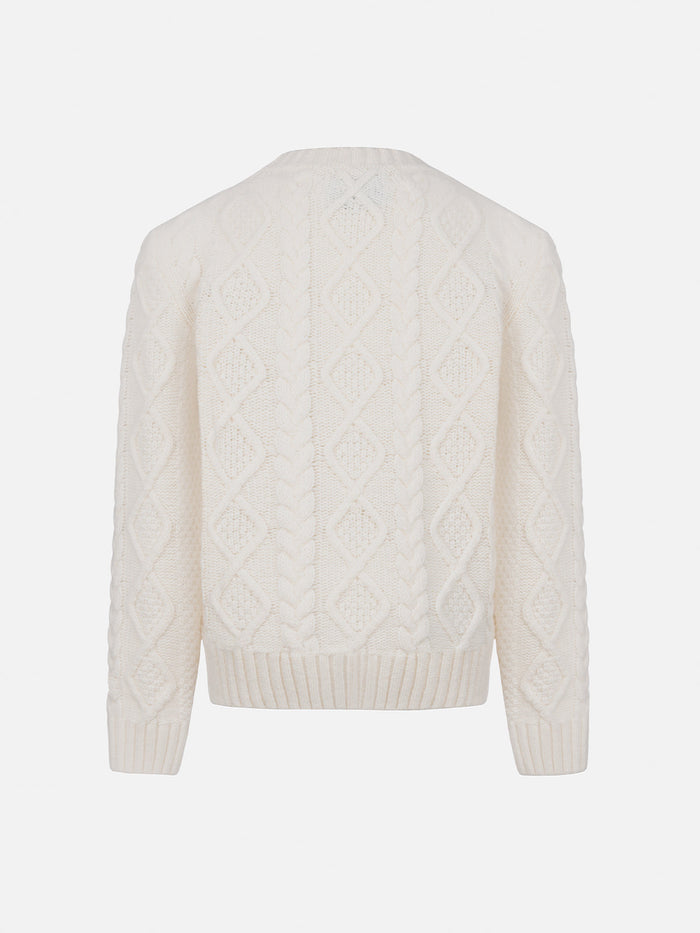 Girl Cable Knit Sweater Malmo With Cortina Embroidery White