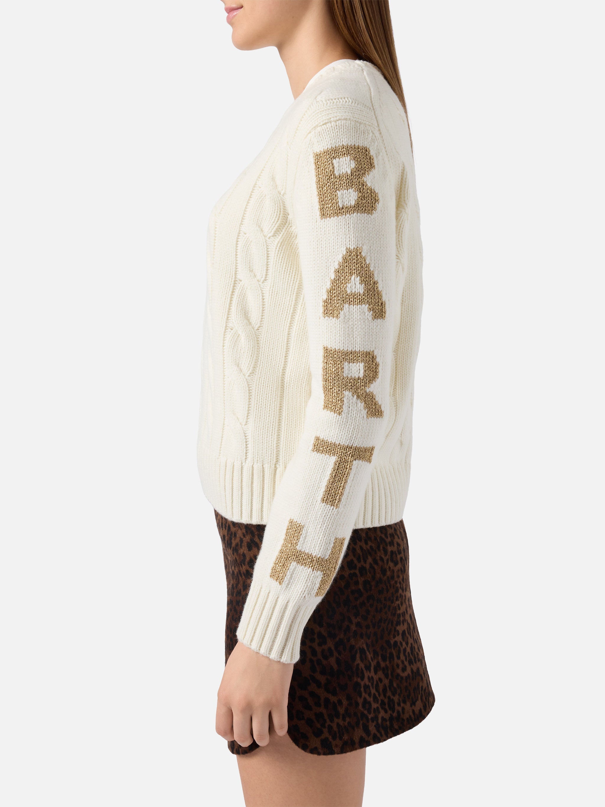Malmo Cable-Knit Cashmere-Blend Sweater White With Saint Barth Jacquard On The Sleeves