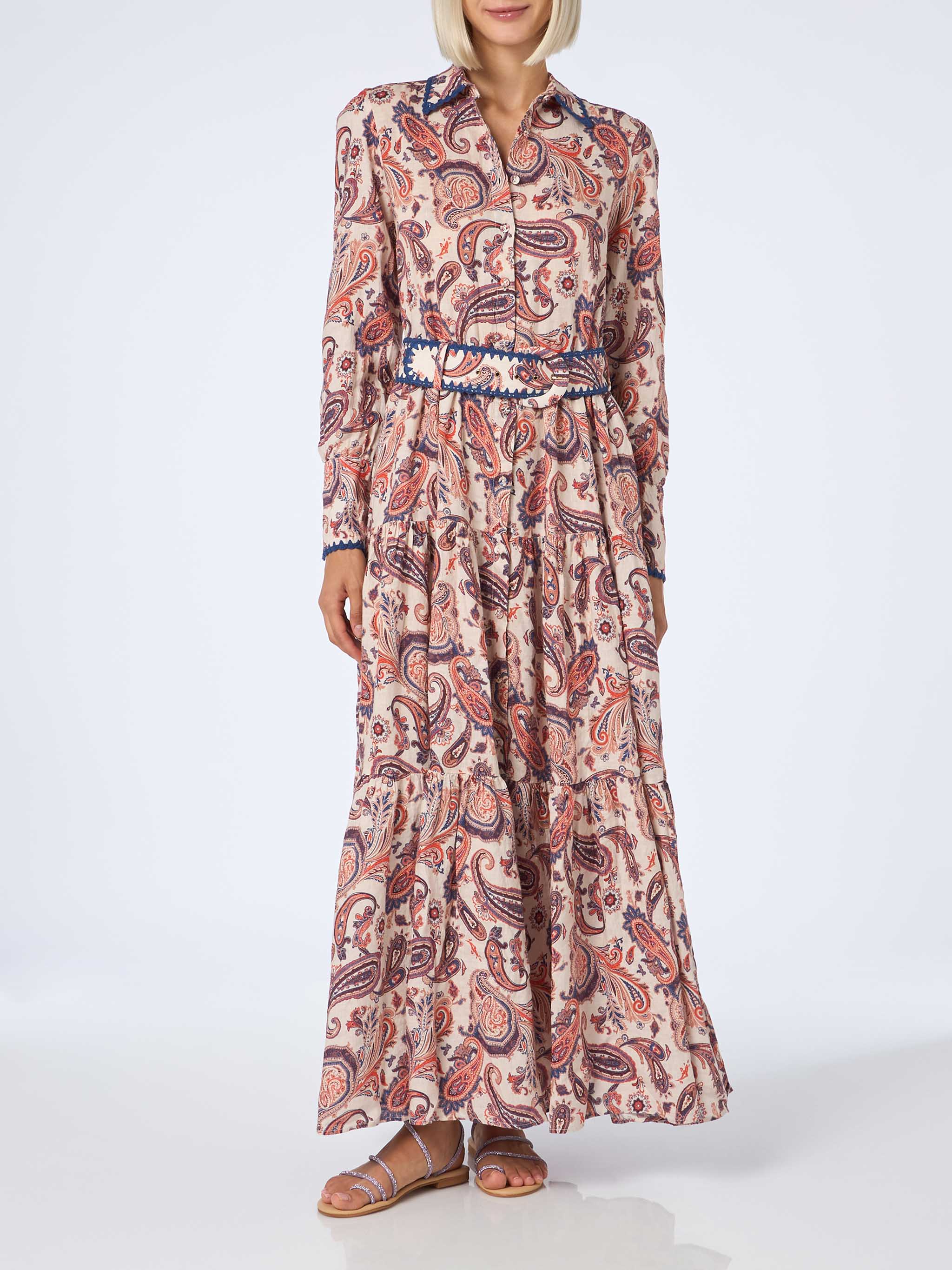 Marbella Paisley Linen Long Dress White