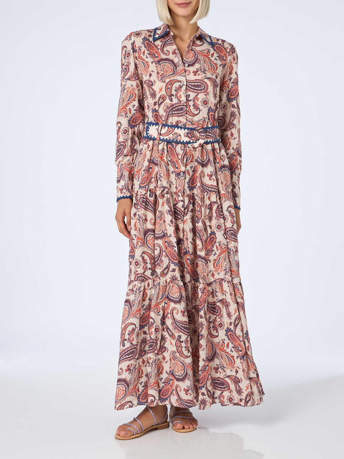 Marbella Paisley Linen Long Dress White