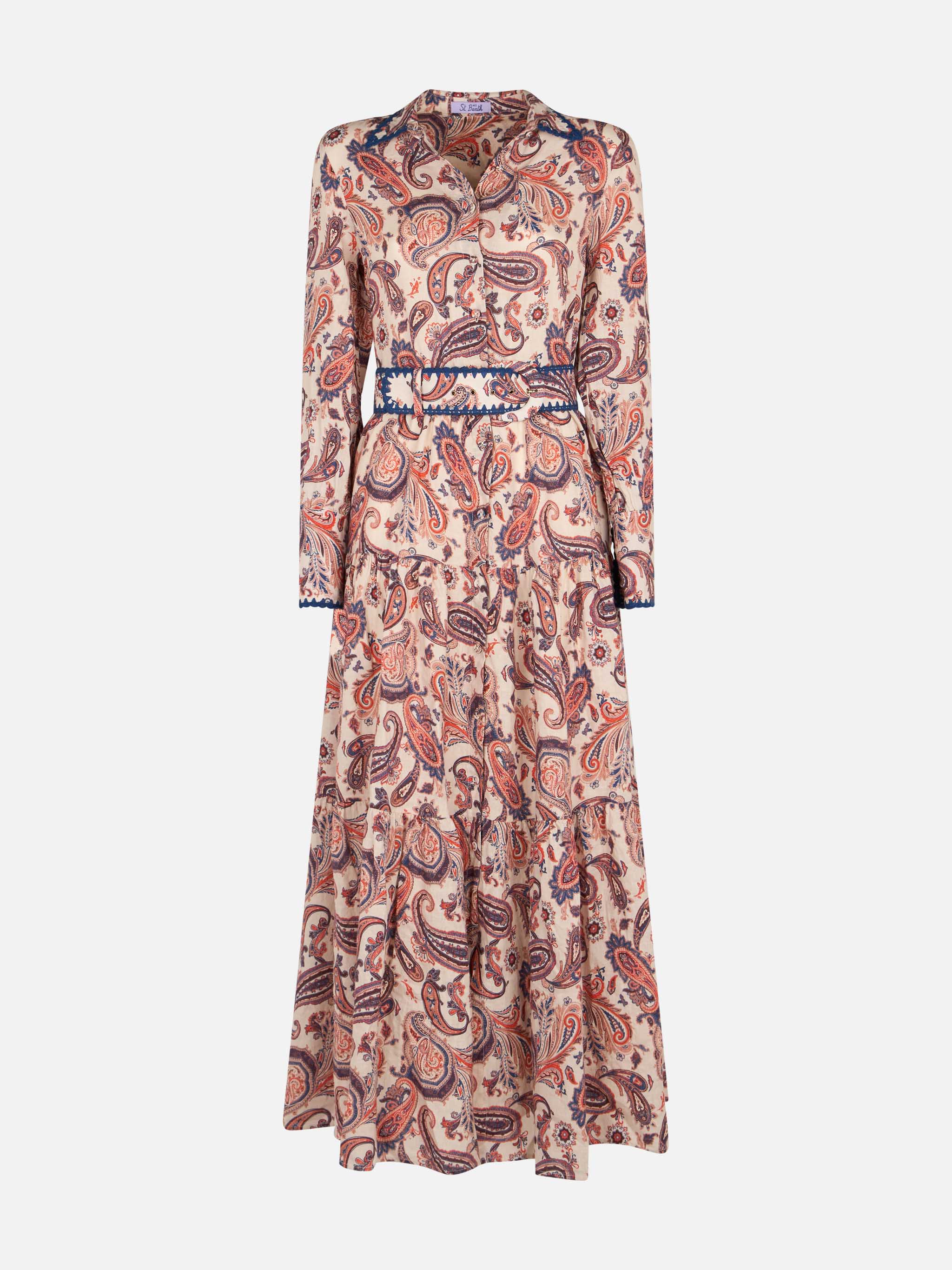 Marbella Paisley Linen Long Dress White