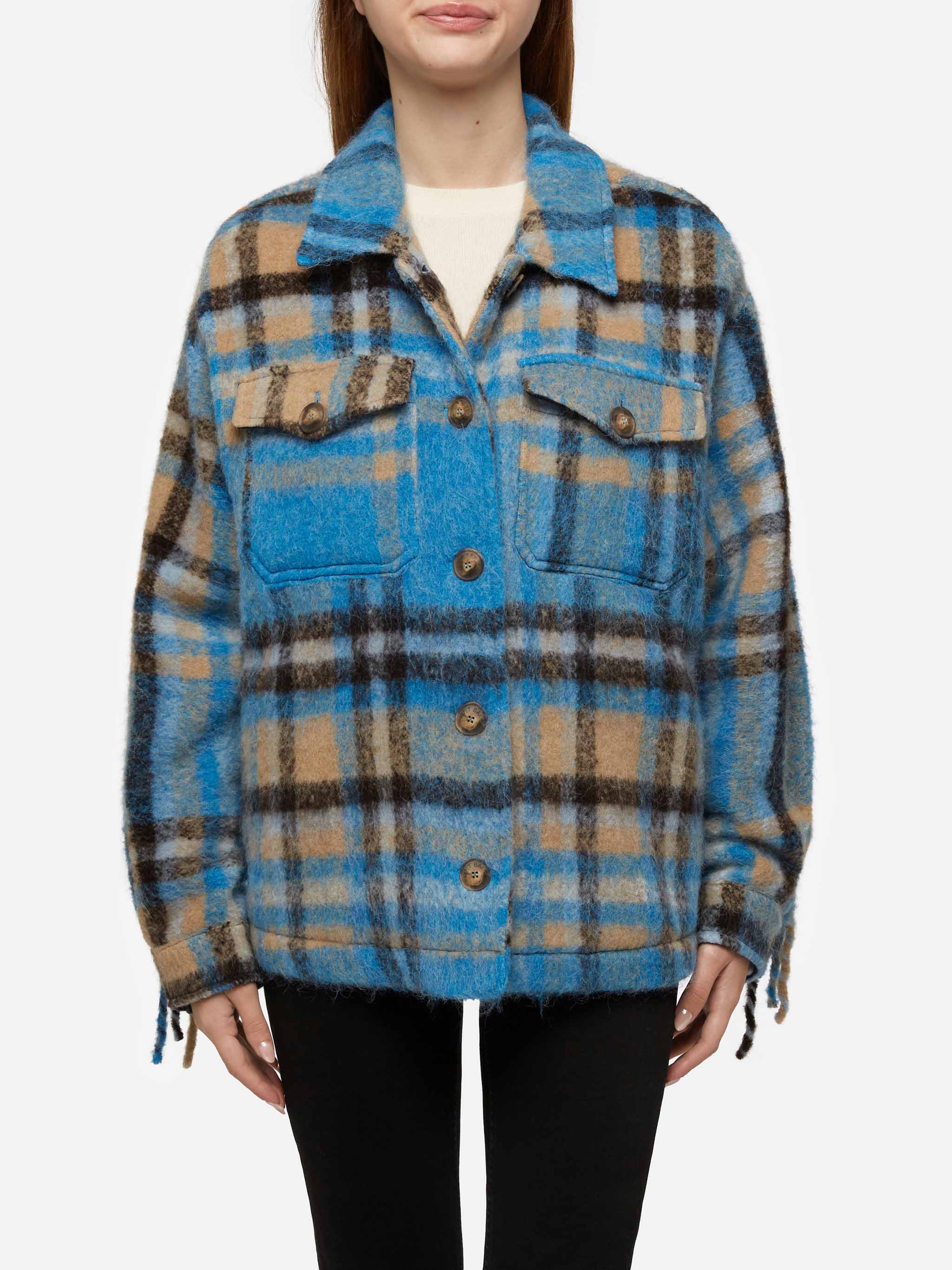 Marceline Overshirt Jacket With Fringes And Tartan Pattern Sky