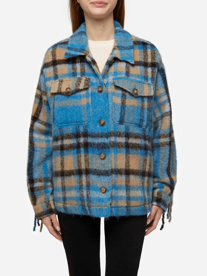 Marceline Overshirt Jacket With Fringes And Tartan Pattern Sky