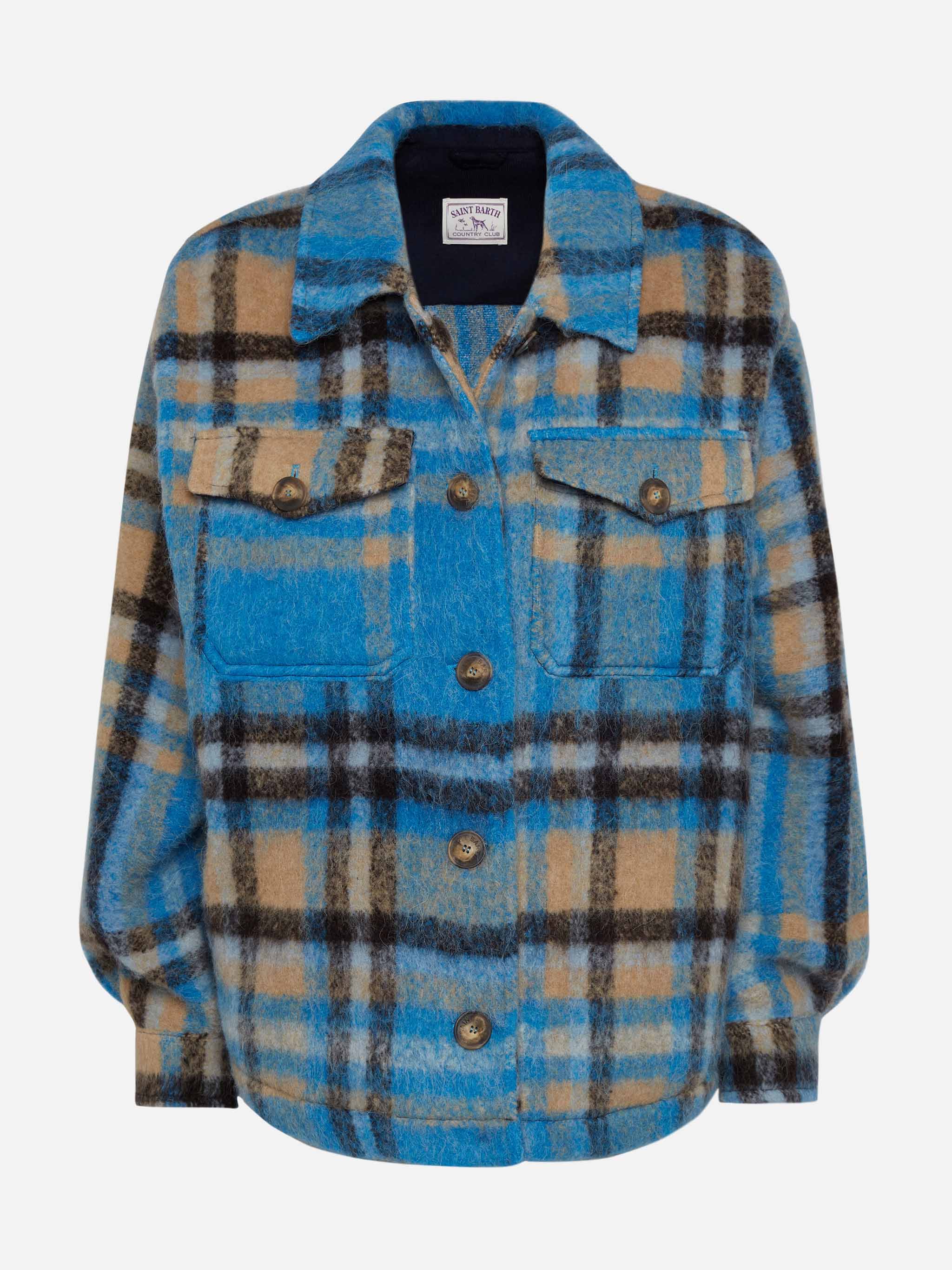 Marceline Overshirt Jacket With Fringes And Tartan Pattern Sky