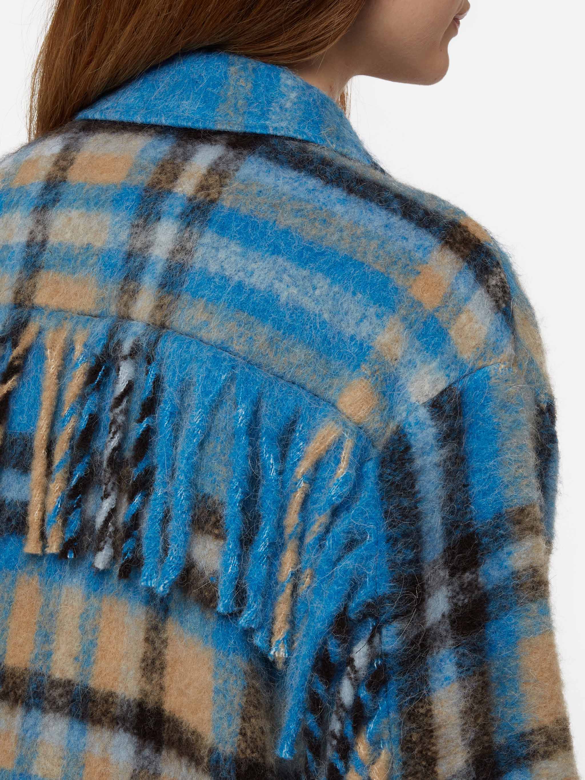 Marceline Overshirt Jacket With Fringes And Tartan Pattern Sky